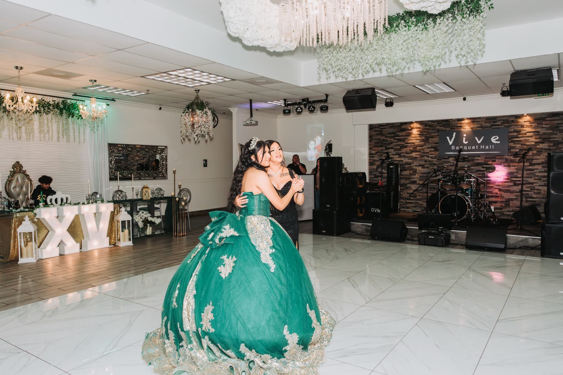 Quinceañera and formal event reception coverage inside a Riverside banquet hall
