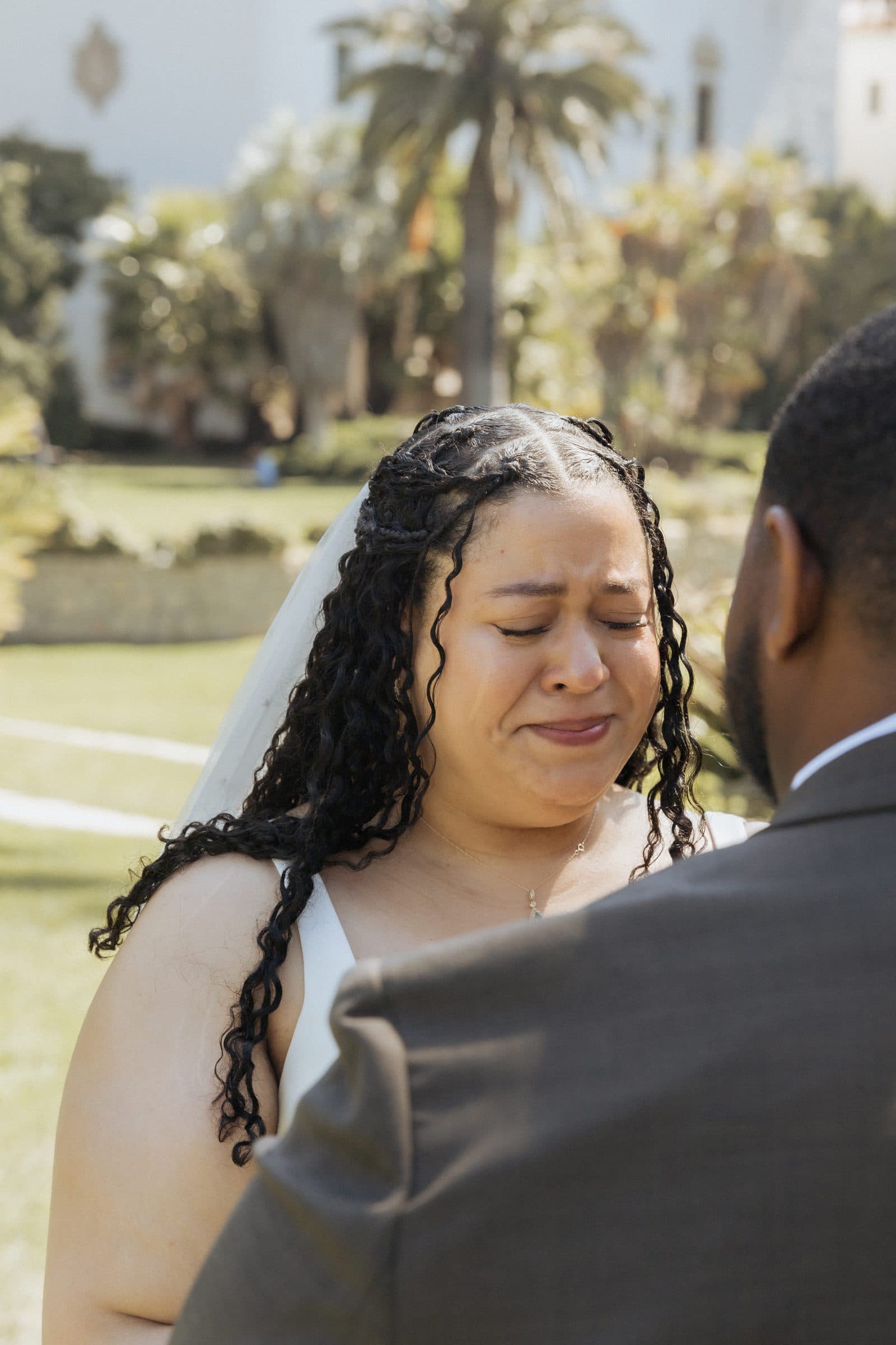 Bride in tears during the vows at the Santa Barbara courthouse