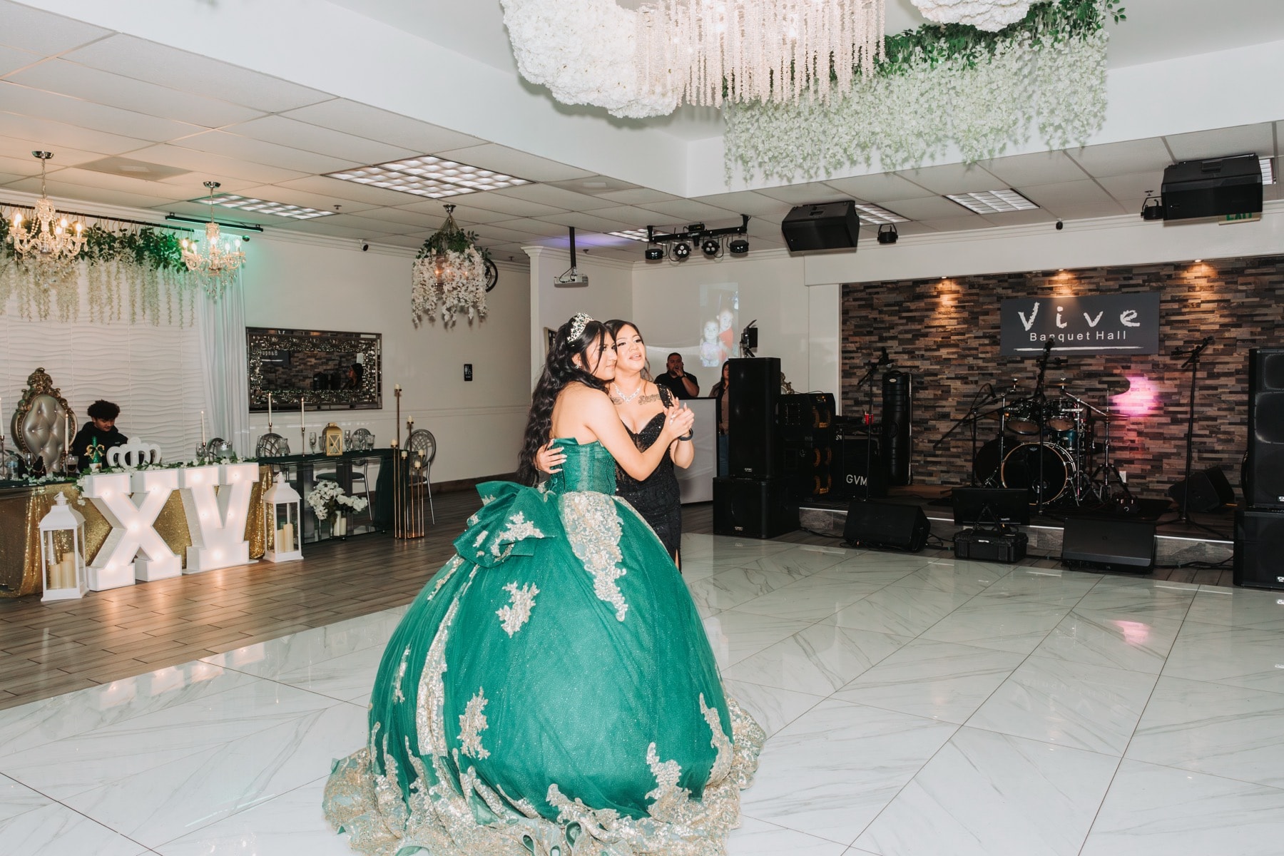 Quinceañera and formal event reception coverage inside a Riverside banquet hall