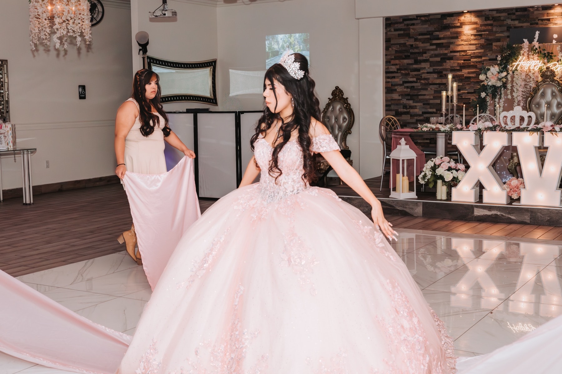 Quinceañera portrait and reception coverage at a Riverside banquet hall